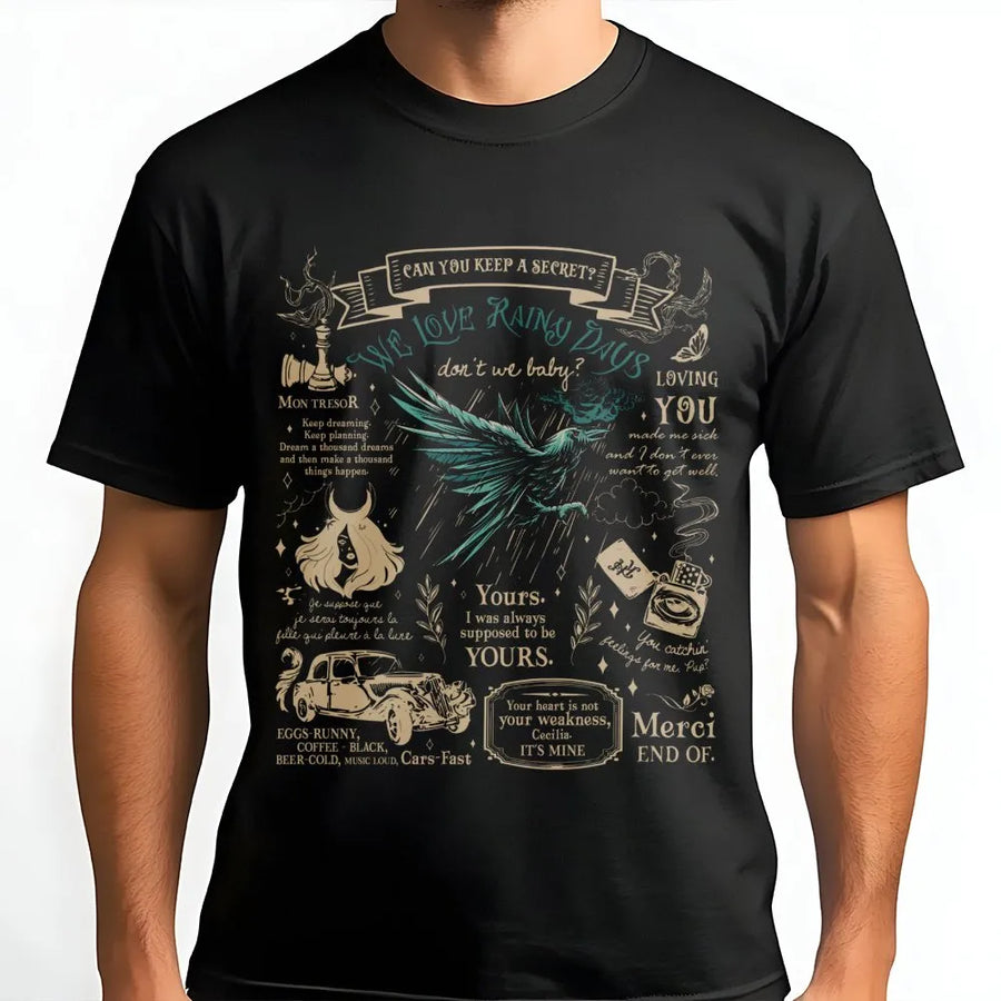 Rainy Days Raven T-Shirt | Gothic Romantic Book Quote Graphic Tee | 100% Premium Cotton | Gift for Book Lovers and Dark Academia Aesthetic Fans