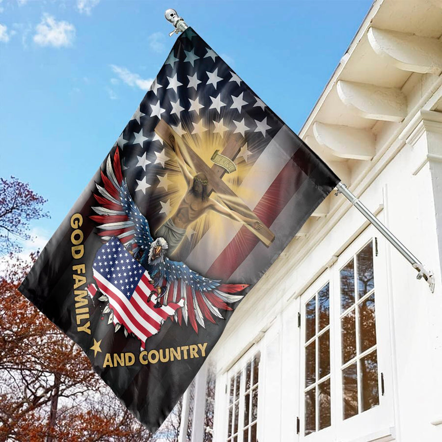 God Family And Country Flag | American Eagle and Jesus Cross Design | Premium Fade-Resistant Polyester | Patriotic Garden Decor House Flag Gift