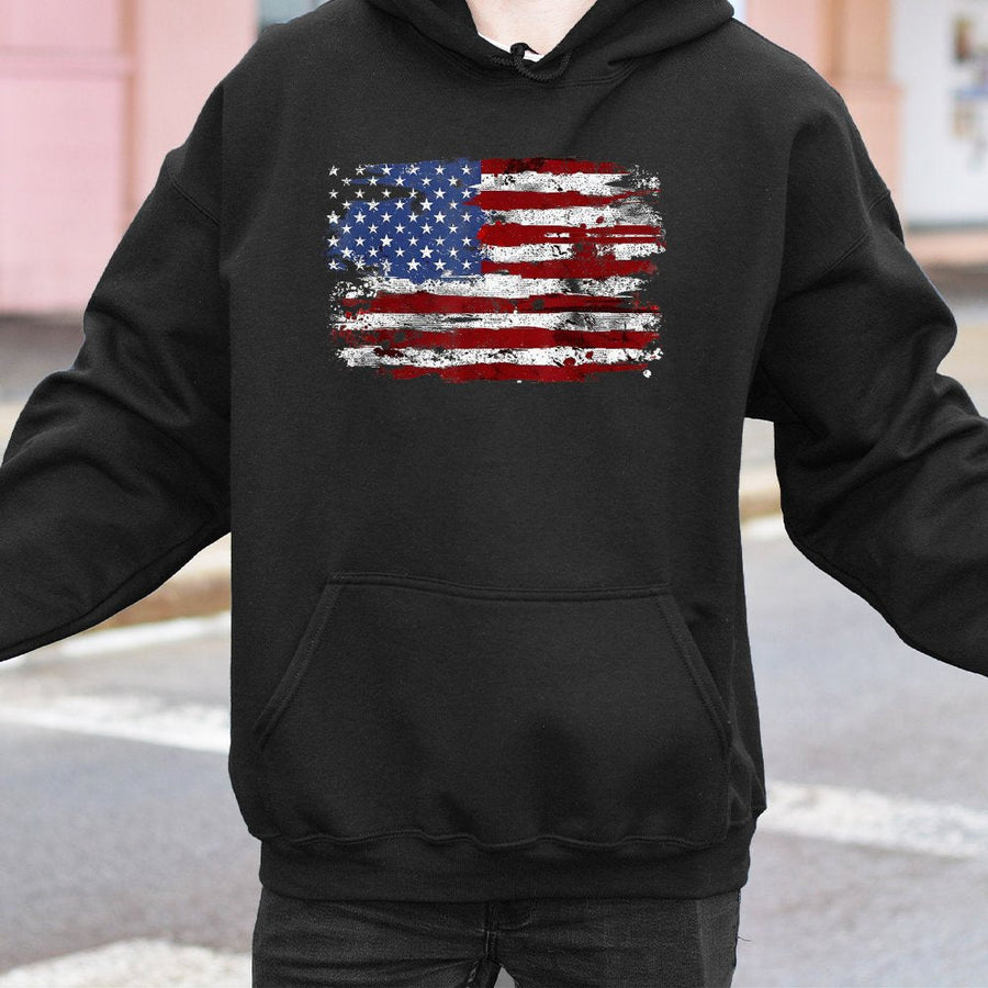 Distressed USA Flag Hoodie | Vintage American Flag Graphic Sweatshirt | Cotton-Polyester Blend | Patriotic July 4th Gift For Men And Women