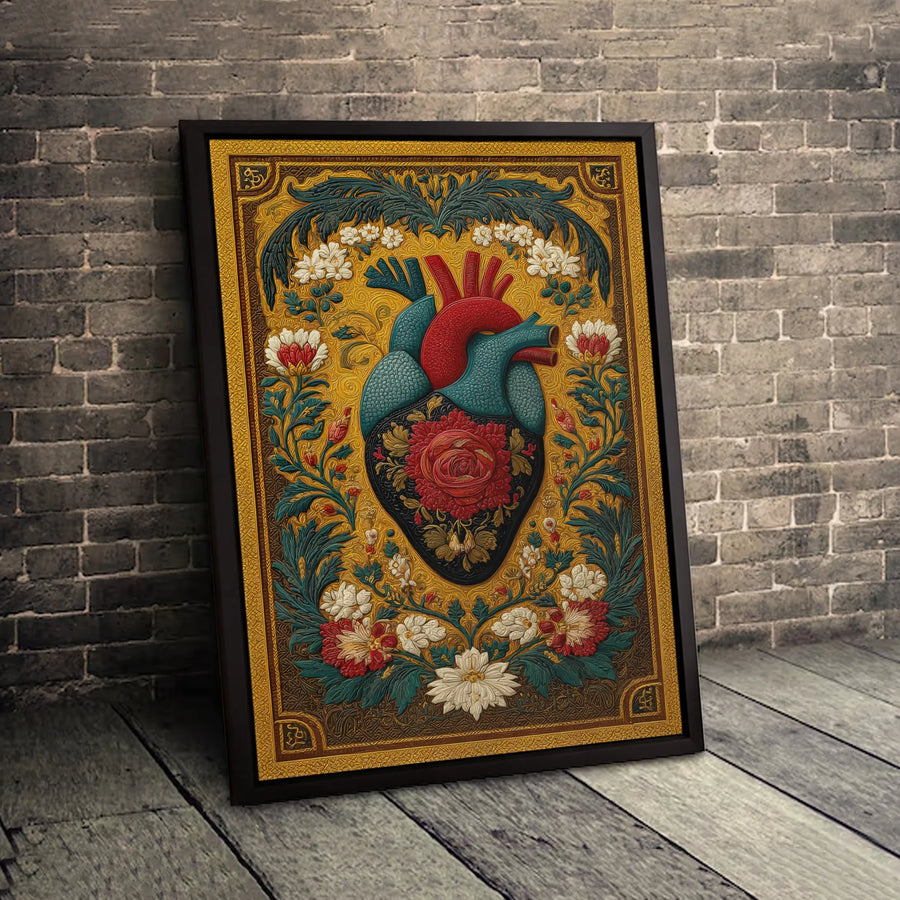 Anatomical Heart Canvas Wall Art | Floral Rose Gold Vintage Illustration | Premium Gallery Wrapped Print | Unique Medical Home Decor Gift