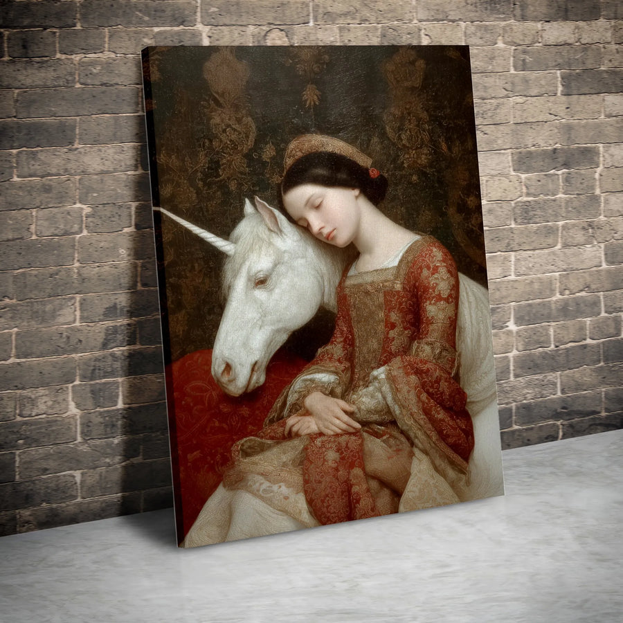 Unicorn and Maiden Canvas Wall Art | Renaissance Style Mythical Art Print | Premium Frameless Canvas | Collector's Fantasy Home Decor