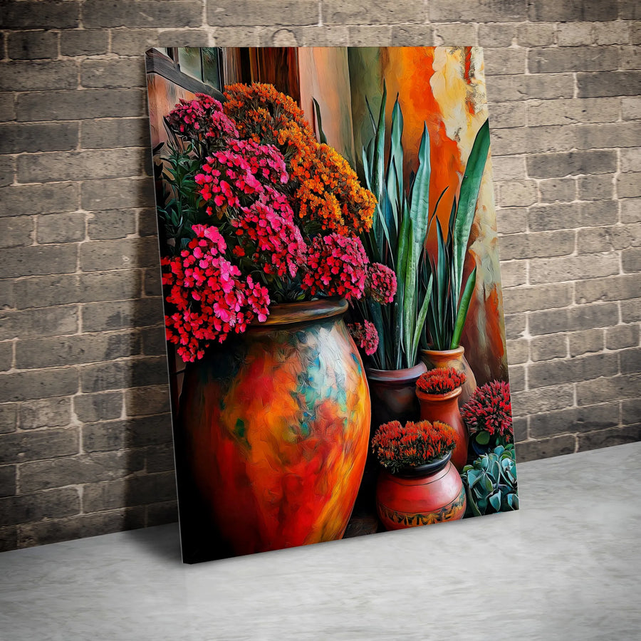 Vibrant Floral Still Life Canvas Art | Potted Flowers & Succulents Painting | Premium Gallery Wrapped Decor | Botanical Wall Art for Home Living Room