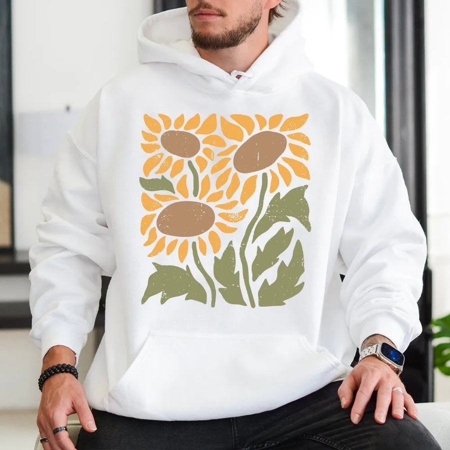Sunflower Hoodie | Retro Boho Botanical Graphic Print | Soft Premium Cotton Blend | Aesthetic Nature Lover Gift for Women and Men