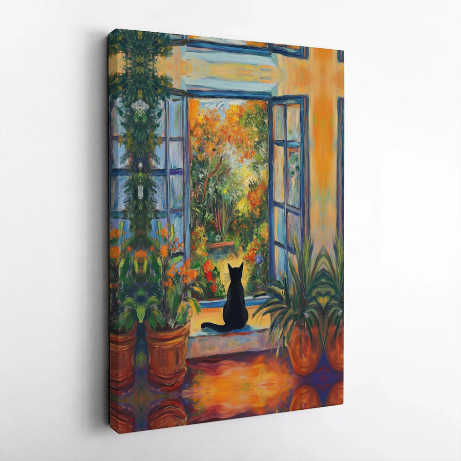 Black Cat Wall Art | Impressionist Garden Windowsill Painting | Gallery-Quality 1.25" Canvas | Premium Cat Lover Gift