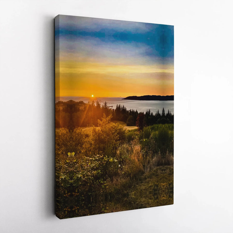 Coastal Sunset Landscape Canvas | Golden Hour Forest & Bridge Wall Art | Premium Gallery Wrapped Print | Nature Inspired Home Decor Gift