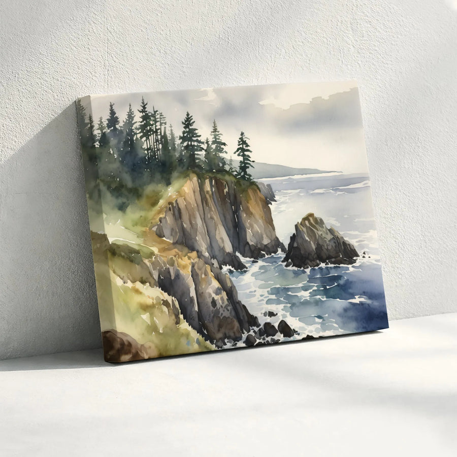 Coastal Watercolor Landscape Canvas Art | Rocky Cliff and Pine Forest Print | Premium Gallery-Wrapped Wall Decor | Serene Nature Gift for Home