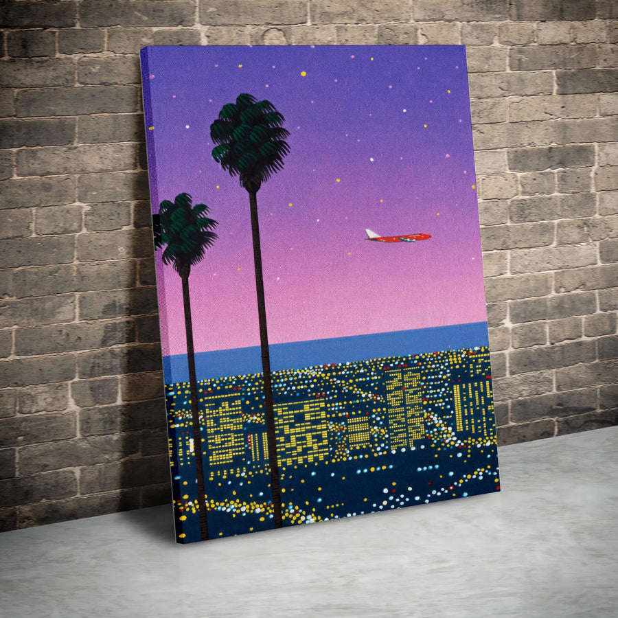 Retro Cityscape Canvas Print | Vaporwave Palm Trees at Night | Premium Gallery Wall Art | 80s Style Home Decor Gift