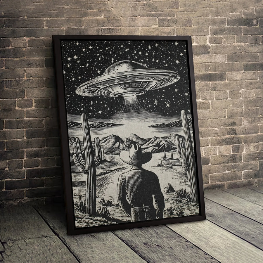 Cowboy UFO Desert Canvas | Retro Sci-Fi Western Illustration | 1.25-Inch Premium Gallery Wrap | Unique Space Decor Gift for Him