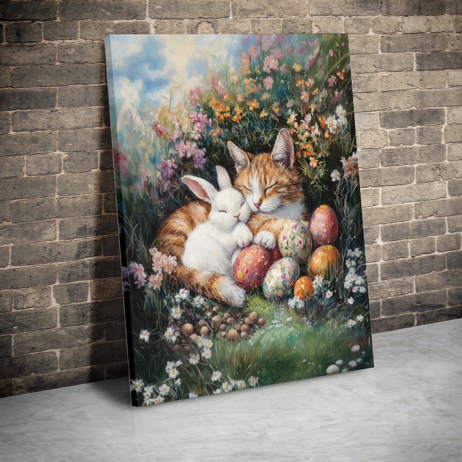 Easter Cat and Bunny Canvas Art | Cuddling Animals in Spring Garden | Premium Gallery Print | Holiday Decor Gift for Animal Lovers