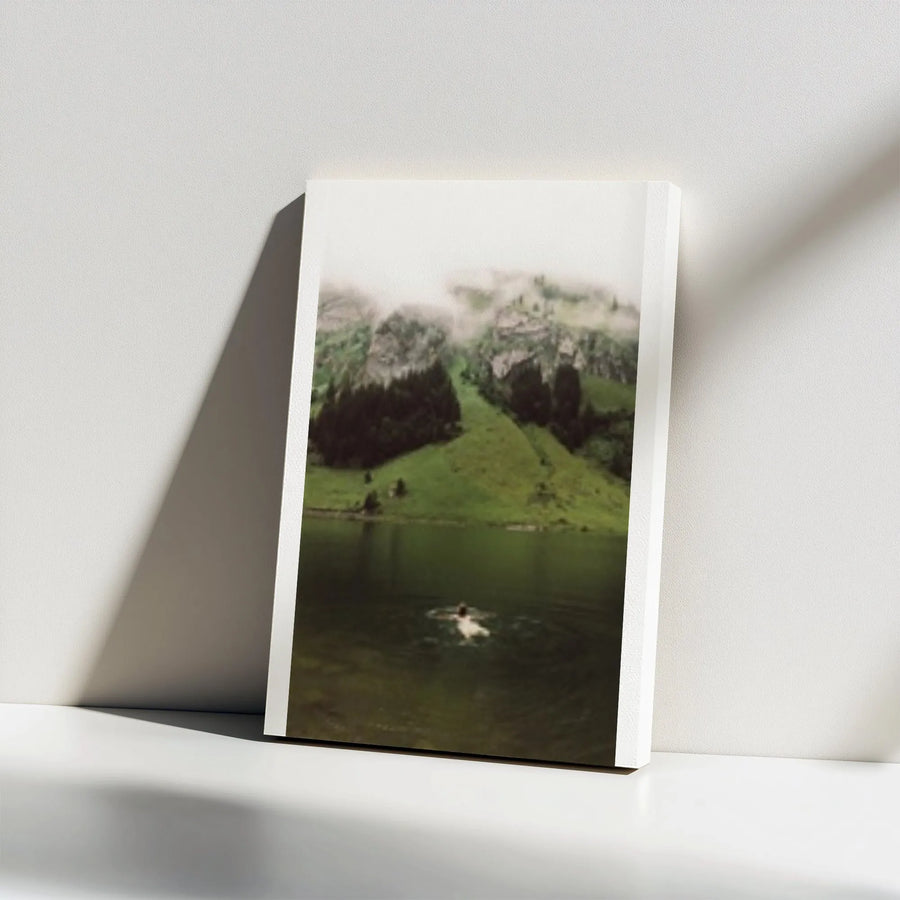 Misty Mountain Lake Vertical Canvas | Serene Wild Swimming Art Print | Premium 1.25" Thick Gallery Wrap | Modern Cabin Decor Gift for Nature Lover