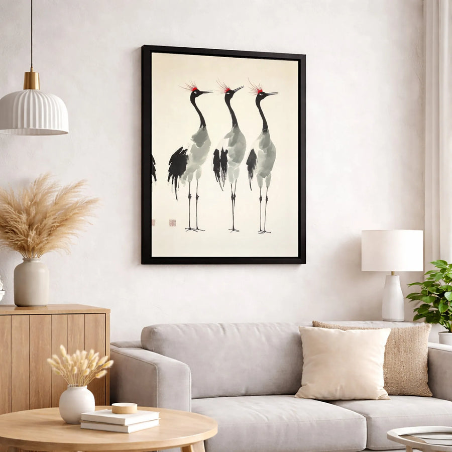 Japanese Red-Crowned Crane Canvas Wall Art | Minimalist Sumi-E Ink Wash Painting | Gallery-Quality 1.25" Profile | Zen Home Decor Gift