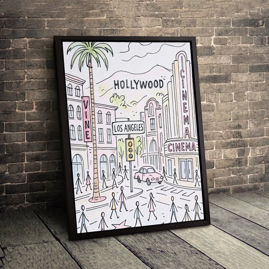 Hollywood Los Angeles Street Scene Canvas | Hand-Drawn Cityscape Wall Art | Premium Gallery-Wrapped Print | Travel Inspired Home Decor Gift
