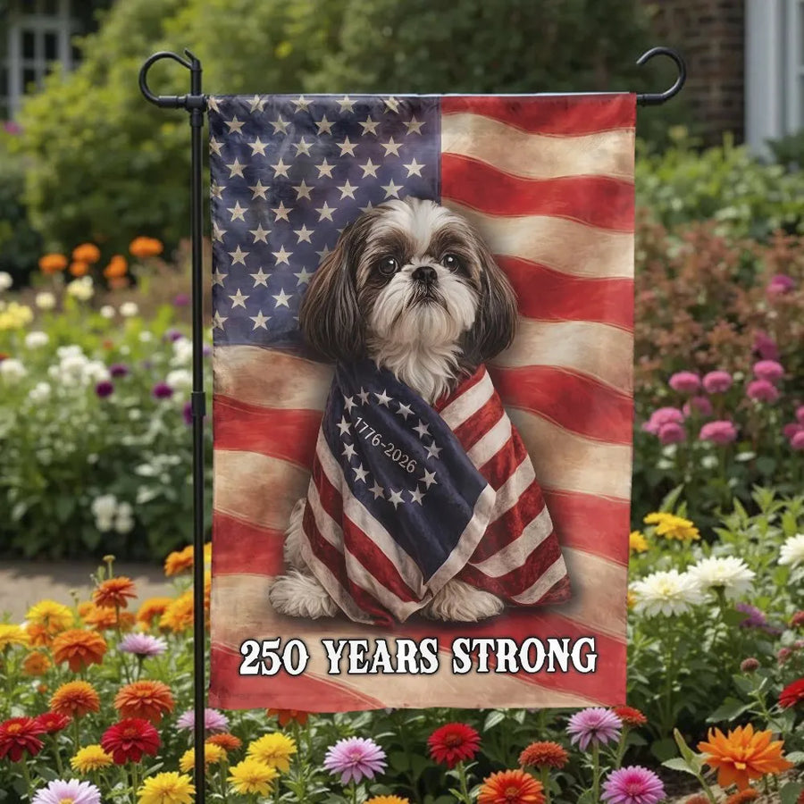 Shih Tzu American Flag Garden Flag | Patriotic 250th Anniversary Dog Art | Weather-Resistant Double Sided Print | Gift for Shih Tzu Owners & Yard Decor