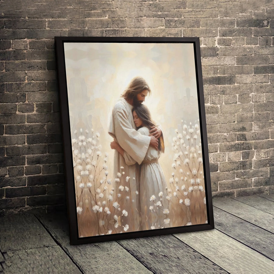 Jesus Embracing Woman Canvas Print | Serene Religious Art | Premium Gallery-Wrapped Wall Decor | Meaningful Christian Home Gift