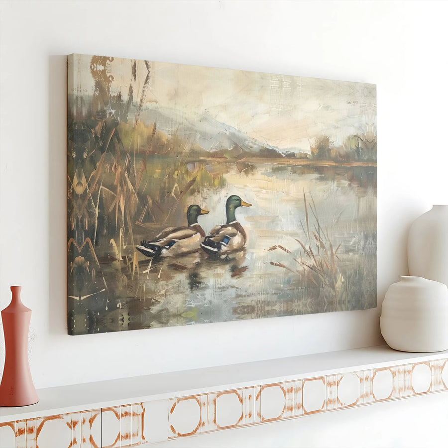 Mallard Ducks Canvas Wall Art | Vintage Impressionist Lake Painting | Premium Gallery Wrap Canvas | Rustic Cabin Decor Gift for Hunter