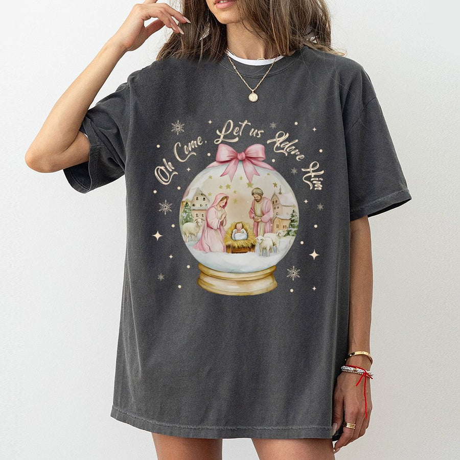 Nativity Christmas T-Shirt | Oh Come Let Us Adore Him Snow Globe Graphic | 100% Cotton Premium Tee | Christian Holiday Gift for Women and Men