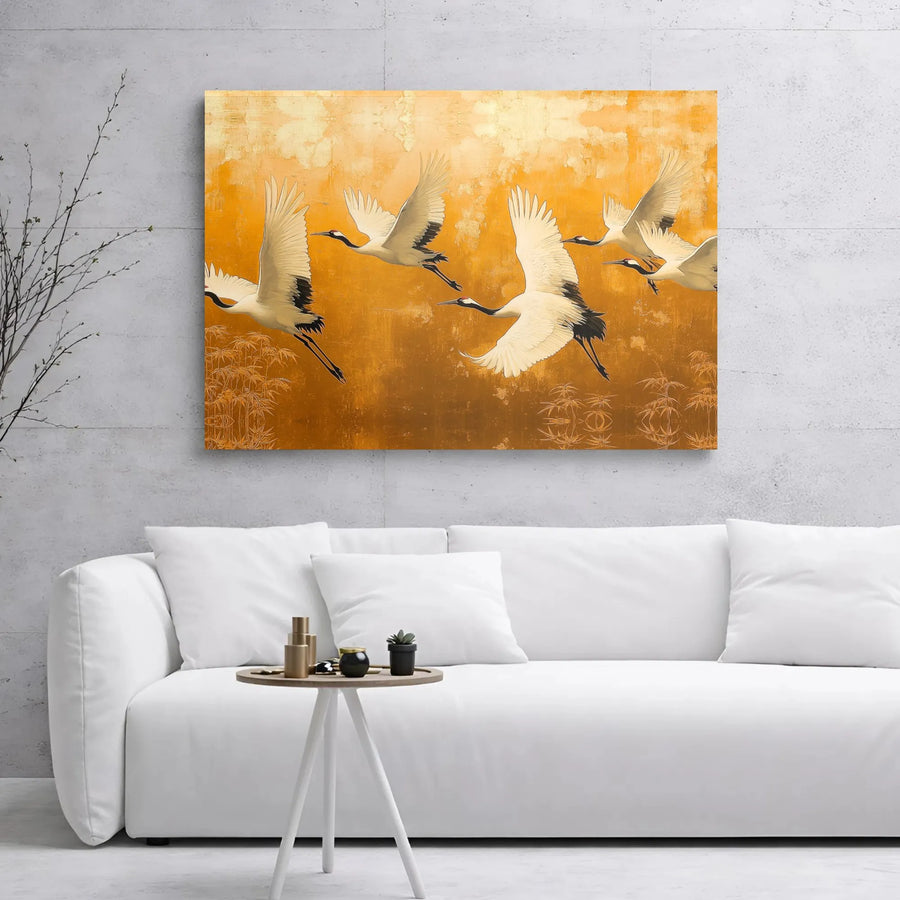 Japanese Red-Crowned Crane Canvas | Golden Asian Wall Art | Premium 1.25-Inch Gallery Wrap | Elegant Home & Office Decor Gift
