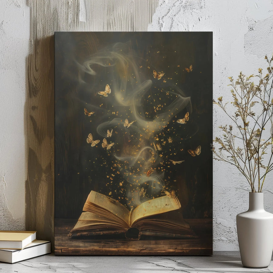 Magical Book Canvas Print | Butterfly Fantasy Wall Art | Premium Gallery Wrap Decor | Enchanted Library Decor For Book Lovers