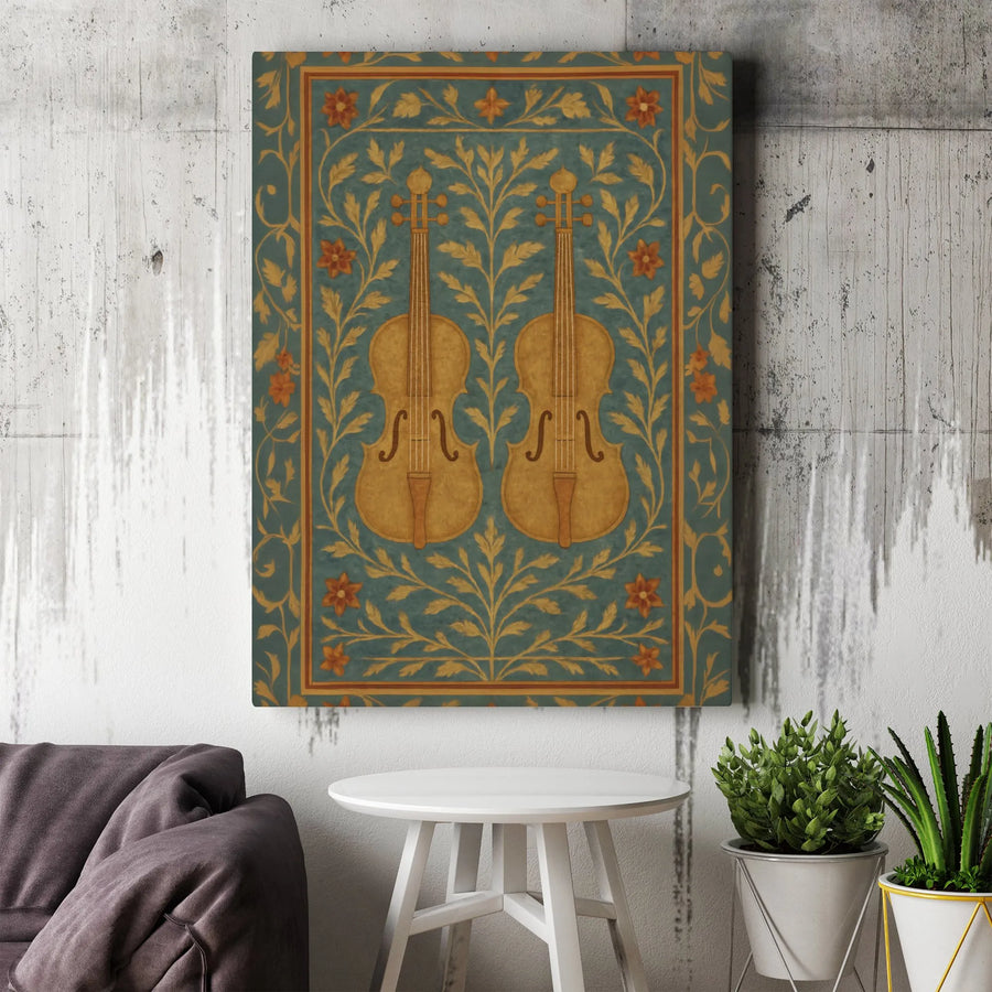 Two Violins Wall Art | Vintage Floral Botanical Canvas | Premium Gallery Wrapped Decor | Music Lover Gift for Musician Studio