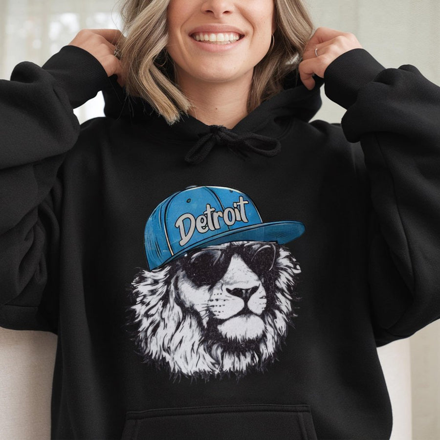 Detroit Lion Wearing A Baseball Cap And Sunglasses Hoodie