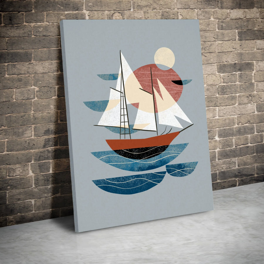 Mid Century Modern Sailboat Canvas Print | Abstract Geometric Boat Illustration | Thick 1.25" Gallery Wrap | Premium Gift for Coastal Home Decor