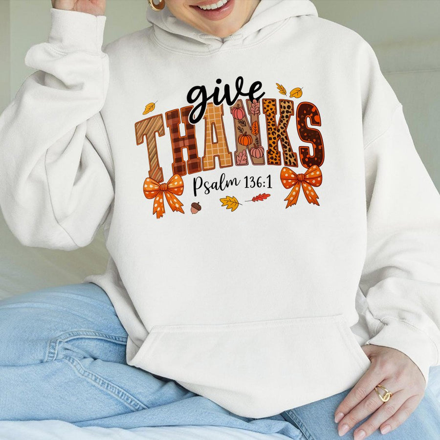 Give Thanks Psalm 136:1 Hoodie | Preppy Fall Pumpkin Bow Design | Premium Cotton Blend | Christian Thanksgiving Gift for Women