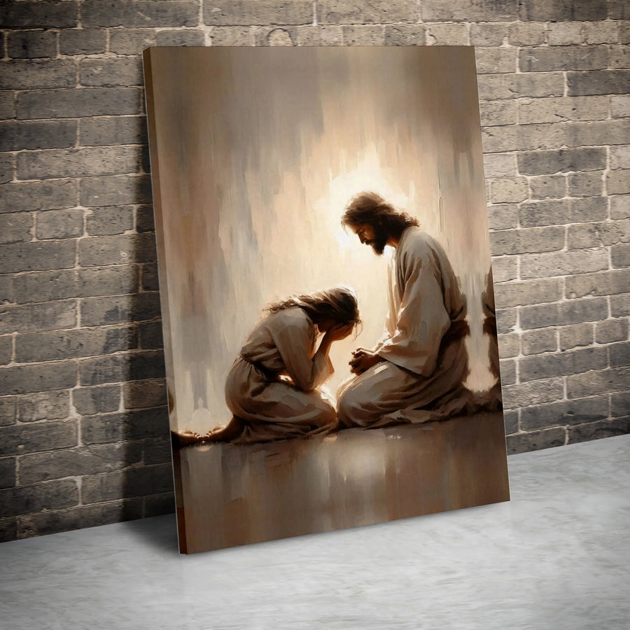 Jesus Comforting Weeping Woman Canvas Print | Spiritual Prayer Wall Art | Gallery Quality 1.25" Profile | Christian Home Decor Gift