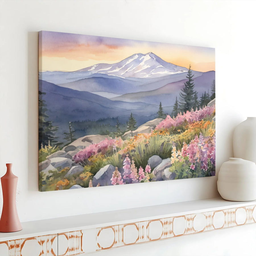 Watercolor Mountain Canvas Art | Wildflower Landscape Print | Premium 1.25" Gallery Wrap | Nature Wall Decor for Home Office