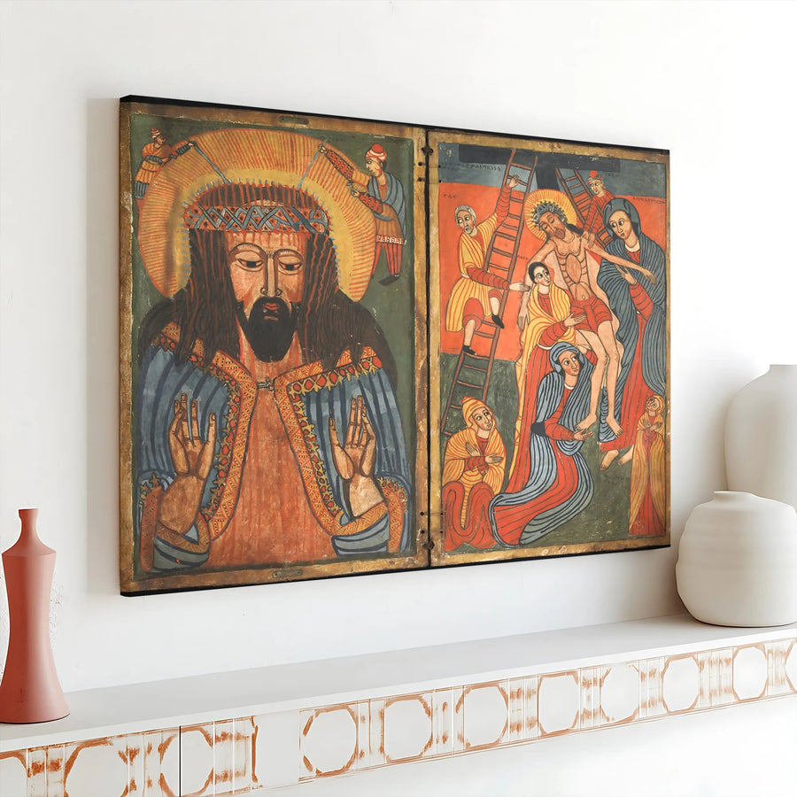 Ethiopian Christian Art Canvas Print | Vintage Passion of Christ Diptych | High-Resolution Gallery Canvas | Spiritual Home Decor Gift