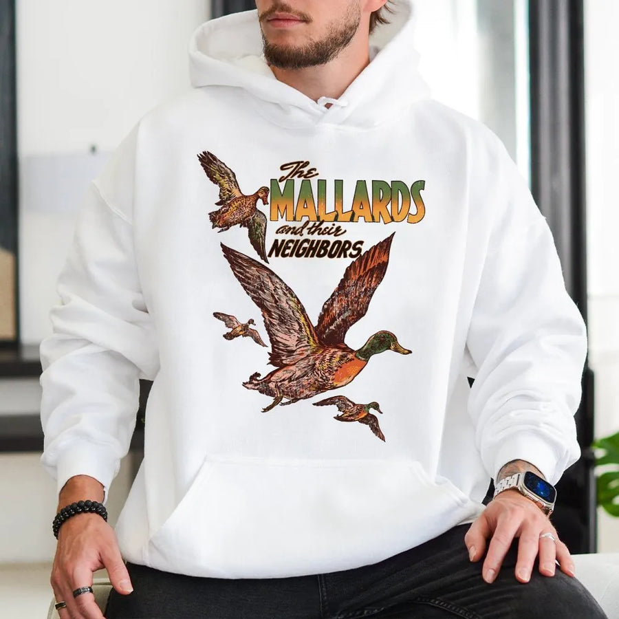 Mallard Duck Hoodie | Retro Wildlife Nature Graphic | Premium Cotton Blend Pullover | Gift for Nature Lovers, Bird Watchers, Hiking Enthusiasts