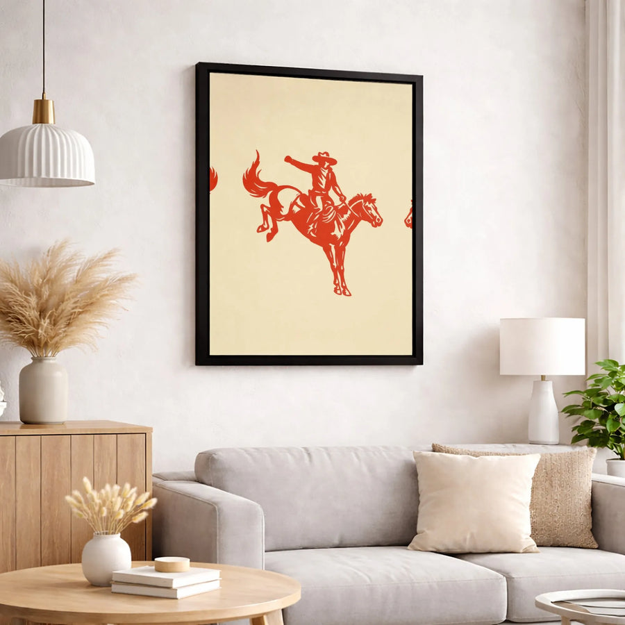Western Cowboy Wall Art | Red Bucking Bronco Graphic Print | 1.25-Inch Gallery Wrapped Canvas | Rustic Southwestern Home Decor Gift