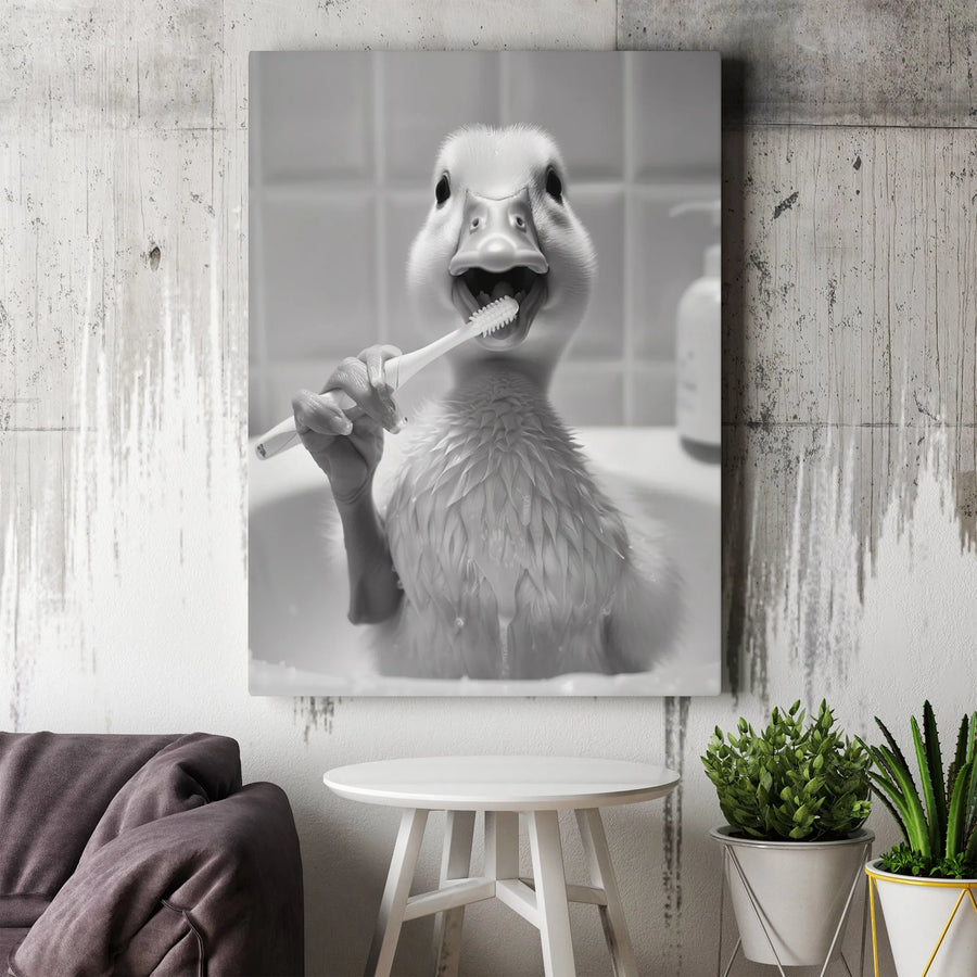 Funny Duckling Brushing Teeth Canvas Art | Whimsical Bathroom Wall Decor | Premium Gallery Wrapped Print | Quirky Animal Portrait Gift for Kids