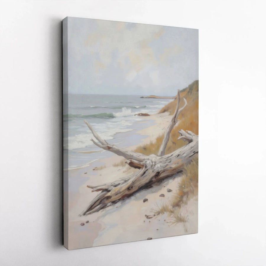 Coastal Beach Canvas Wall Art | Realistic Driftwood Seascape Painting | Premium Thick Canvas Print | Nautical Home Decor Gift
