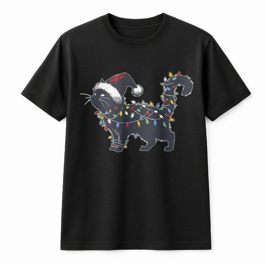 Christmas Cat T-Shirt | Black Kitten Tangled in Holiday Lights Graphic | 100% Premium Cotton Tee | Funny Xmas Gift for Cat Lovers