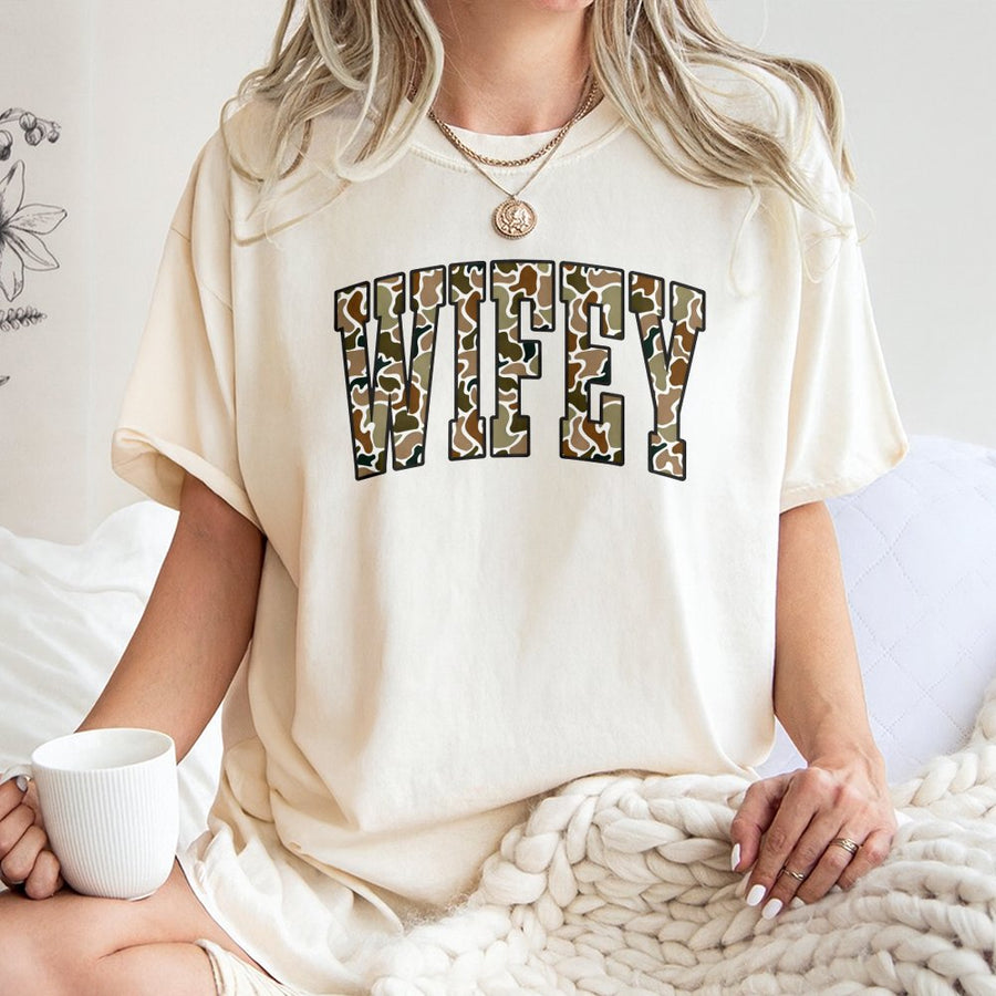 Wifey T-Shirt | Camo Varsity Letter Graphic | Premium 100% Cotton Tee | Gift for Wife Newlywed Hunting Fan