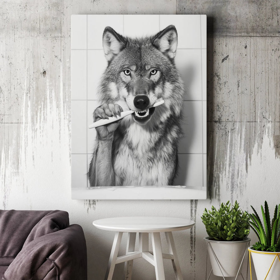 Wolf Brushing Teeth Canvas Print | Funny Bathroom Animal Wall Art | 1.25-Inch Gallery Wrap | Quirky Gift for Animal Lovers