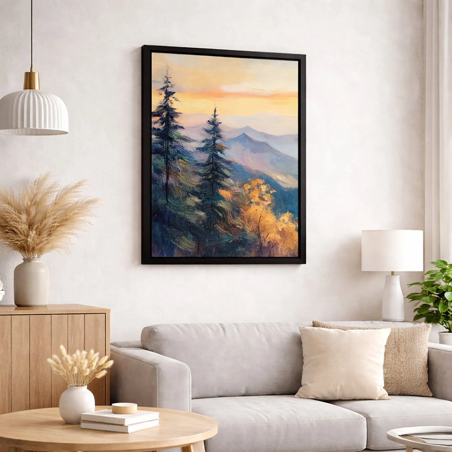 Mountain Landscape Canvas Wall Art | Impressionist Pine Trees Sunset Oil Painting | Premium Fade-Resistant Gallery Wrap | Nature Decor for Living Room