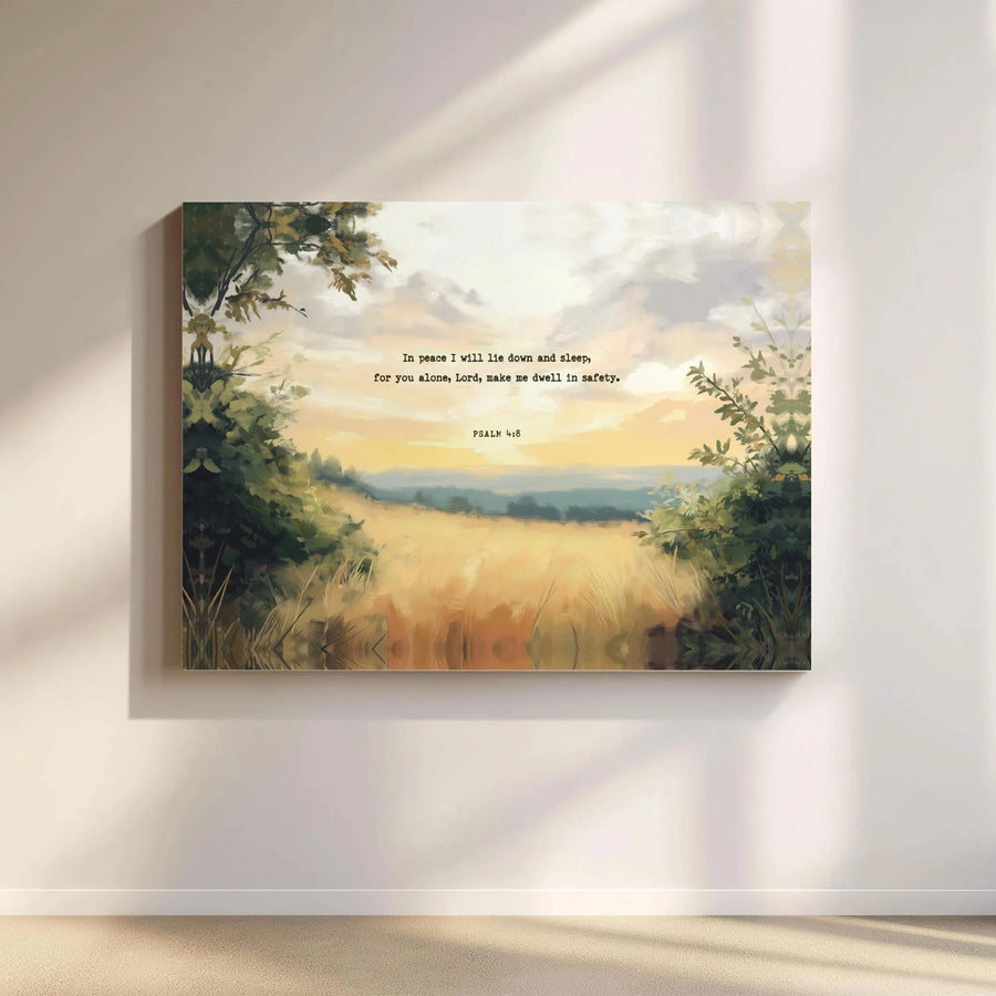 Psalm 4:8 Wall Art Canvas | Christian Scripture Landscape Painting | Premium Gallery Wrapped Decor | Inspirational Religious Gift for Home