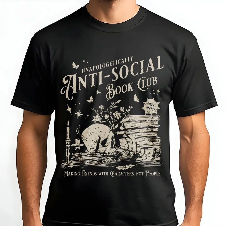 Anti-Social Book Club T-Shirt | Gothic Skull & Books Graphic Sweatshirt | Premium Cotton Blend | Gift for Book Lover Introvert