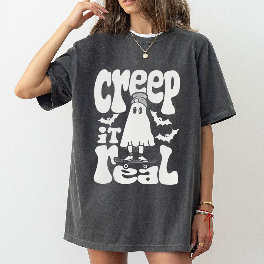 Creep It Real Ghost T-Shirt | Funny Skateboarder Halloween Graphic | 100% Premium Cotton | Spooky Retro Gift for Skaters and Horror Fans