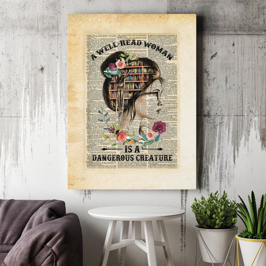 Well Read Woman Is A Dangerous Creature Canvas | Vintage Dictionary Book Art Print | Premium Gallery Wrap Decor | Literary Gift For Readers