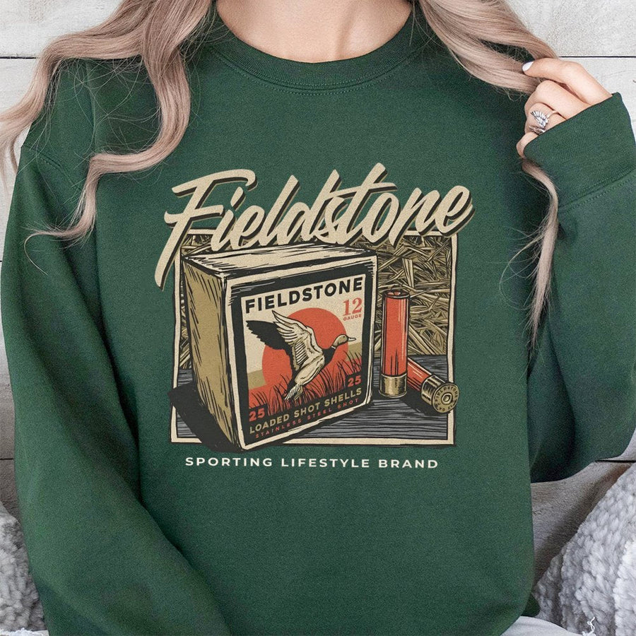 Fieldstone Hunting Sweatshirt | Vintage Ammo Box Graphic | Premium Cotton Blend | Gift for Outdoorsmen and Duck Hunters