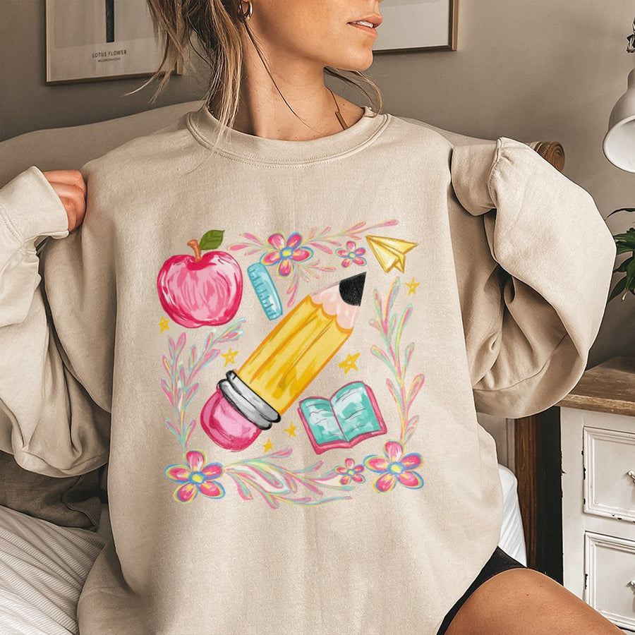 Floral Teacher Sweatshirt | Coquette Pencil Back To School Design | Premium Cotton Blend | Gift For Teachers Educator Appreciation