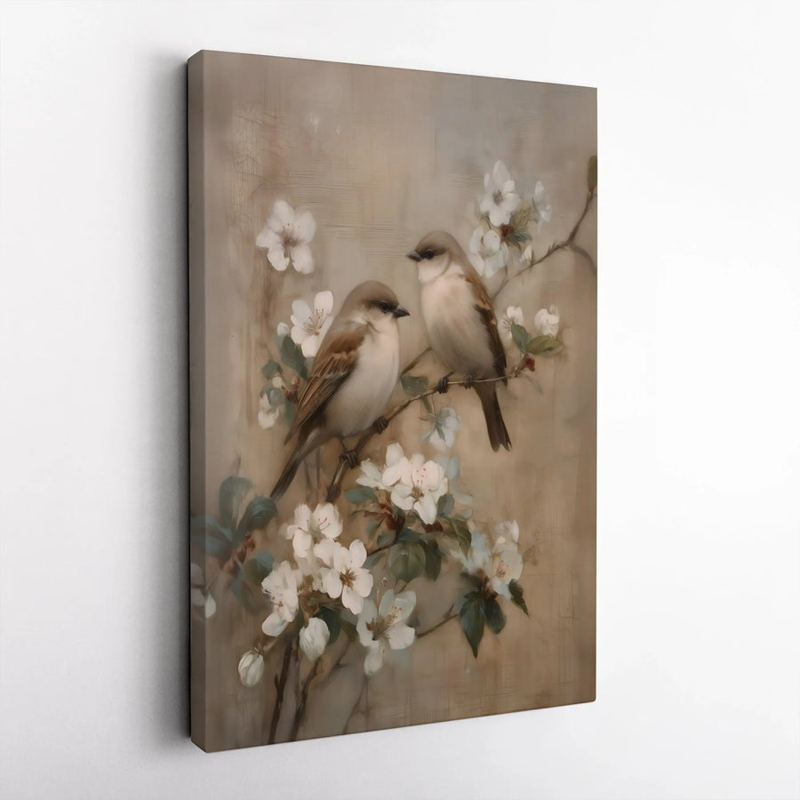 Vintage Bird Painting Vertical Canvas | Sparrow and Blossom Branch Art Print | Premium Gallery Wrapped Canvas | Farmhouse Living Room Decor Gift