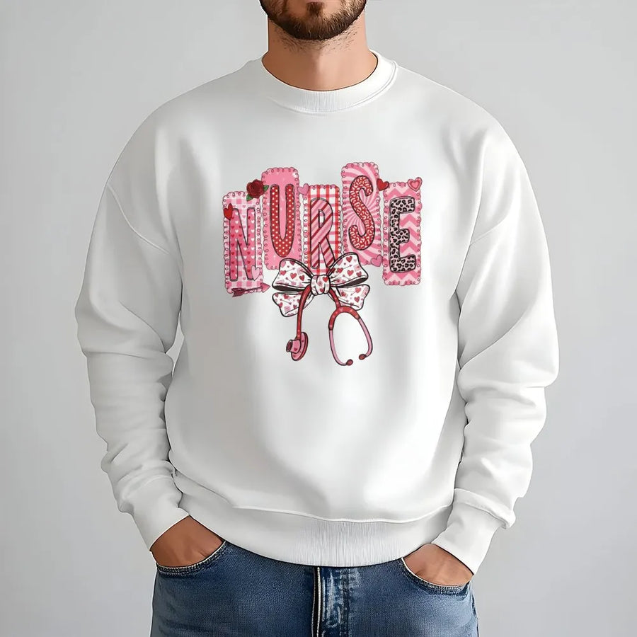 Nurse Valentine Sweatshirt | Coquette Aesthetic Stethoscope Bow Print | Premium Cotton Blend | Gift For Nursing Students And RNs