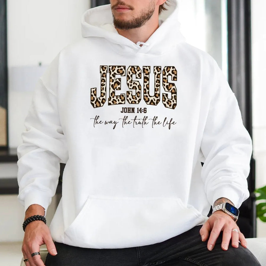 Jesus Bible Verse Hoodie | Leopard Print Christian Apparel | Premium Soft Unisex Pullover | Faith Based Gift for Women and Men