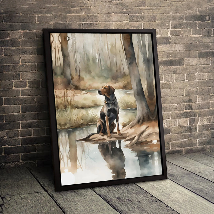 Hound Dog Canvas Print | Watercolor Forest Stream Nature Art | Premium 1.25 Inch Gallery Wrap | Gift for Dog Lover and Outdoor Enthusiast