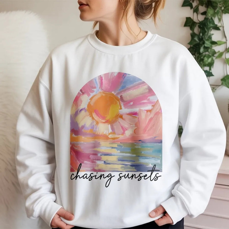 Chasing Sunsets Sweatshirt | Boho Beach Vacation Graphic Tee | Premium Comfort Colors Cotton | Trendy Summer Gift for Her