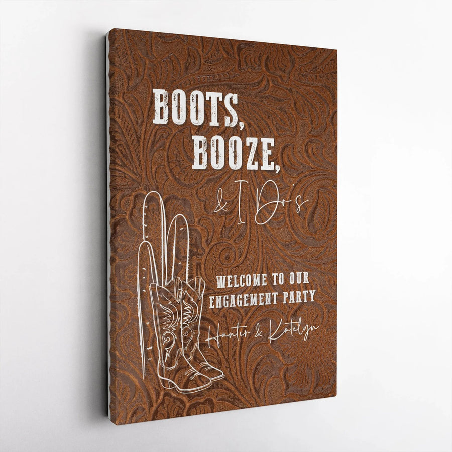 Boots and Booze Welcome Sign Canvas | Rustic Cowboy Boot Art on Tooled Leather Background | Premium Gallery Wrap Print | Western Engagement Party Decor Gift