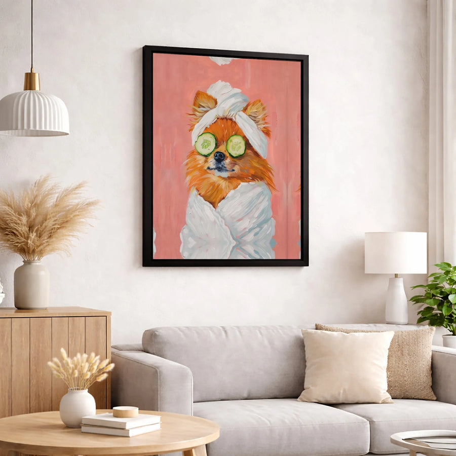 Pomeranian Spa Day Wall Art | Cute Dog With Cucumber Slices Canvas Print | Premium Gallery-Wrapped Portrait | Whimsical Pet Lover Decor Gift
